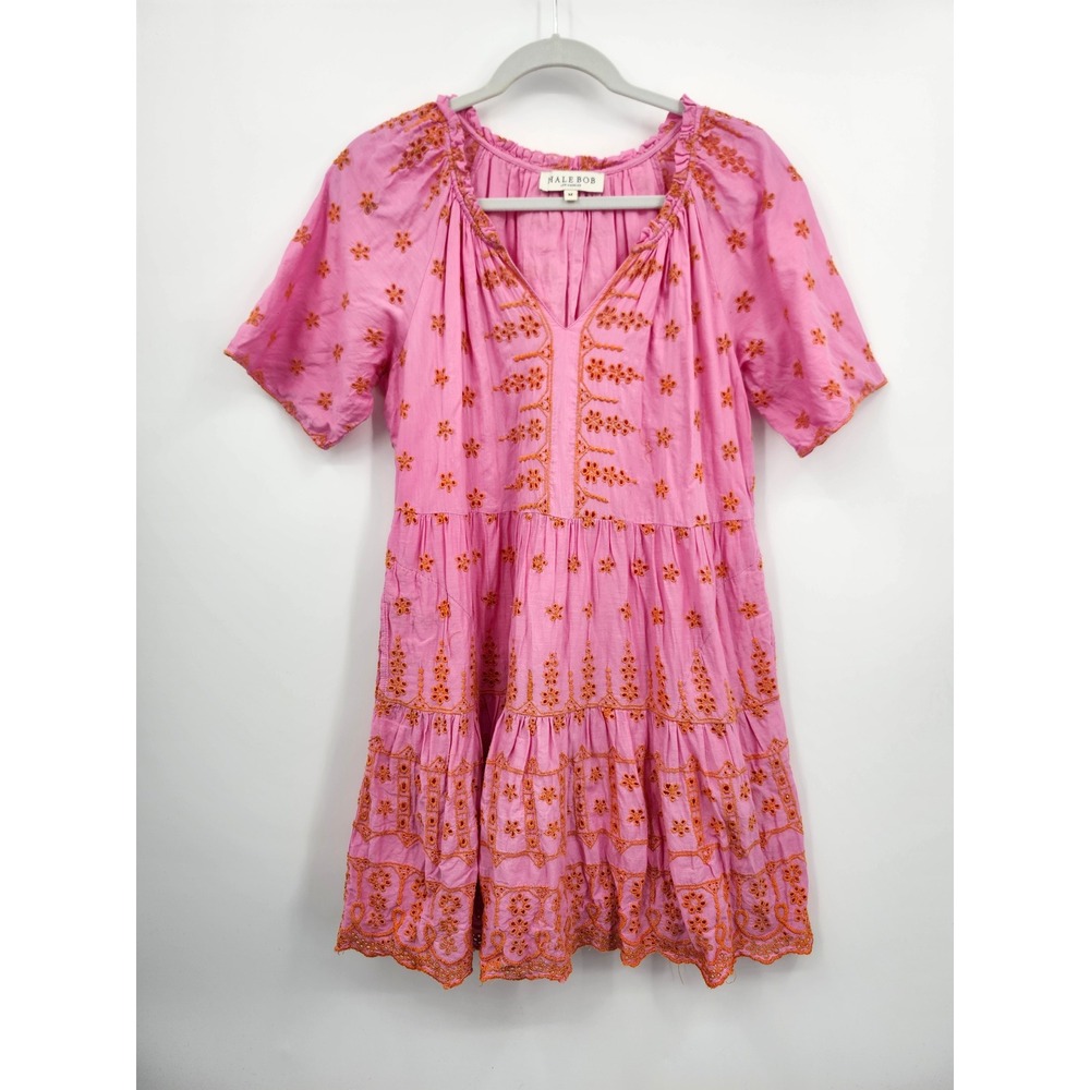 Hale Bob Dress Women Medium Pink Orange Eyelet Embroidered Tiered Mini 31US602S